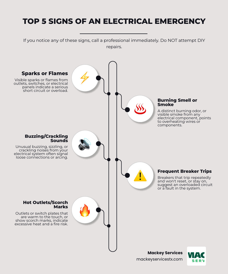 Infographic showing the top 5 signs you have an electrical emergency: 1. Sparks or flames from outlets with icon of sparking outlet, 2. Burning smell or smoke with icon of smoke rising from panel, 3. Buzzing or crackling sounds with icon of sound waves from electrical box, 4. Frequent breaker trips that won't reset with icon of tripped breaker switch, 5. Hot outlets or scorch marks with icon of burned outlet plate. Each sign includes a red warning symbol and text stating "Call immediately - do not attempt DIY repairs" - emergency electrical repair dickinson infographic infographic-line-5-steps-elegant_beige