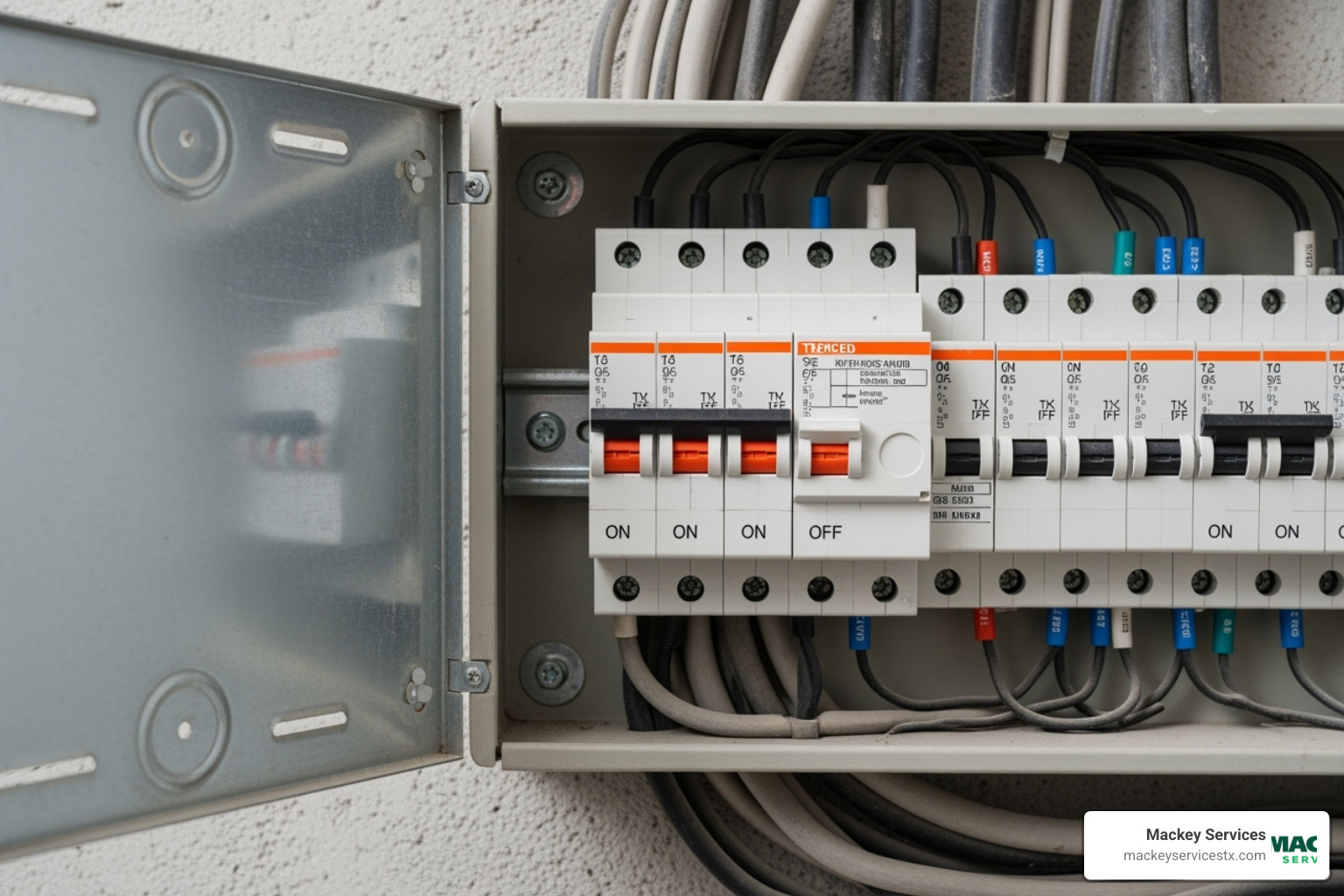 a residential electrical panel with a tripped breaker clearly visible - emergency electrical repair dickinson