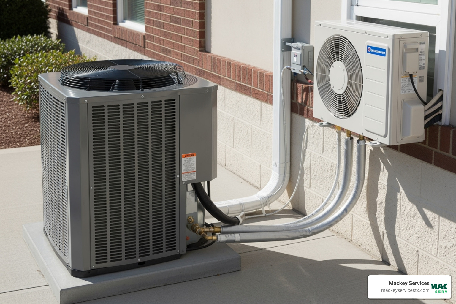 An outdoor condenser unit connected to an indoor wall-mounted air handler via refrigerant lines - ductless heat pump replacement An outdoor condenser unit connected to an indoor wall-mounted air handler via refrigerant lines - ductless heat pump replacement