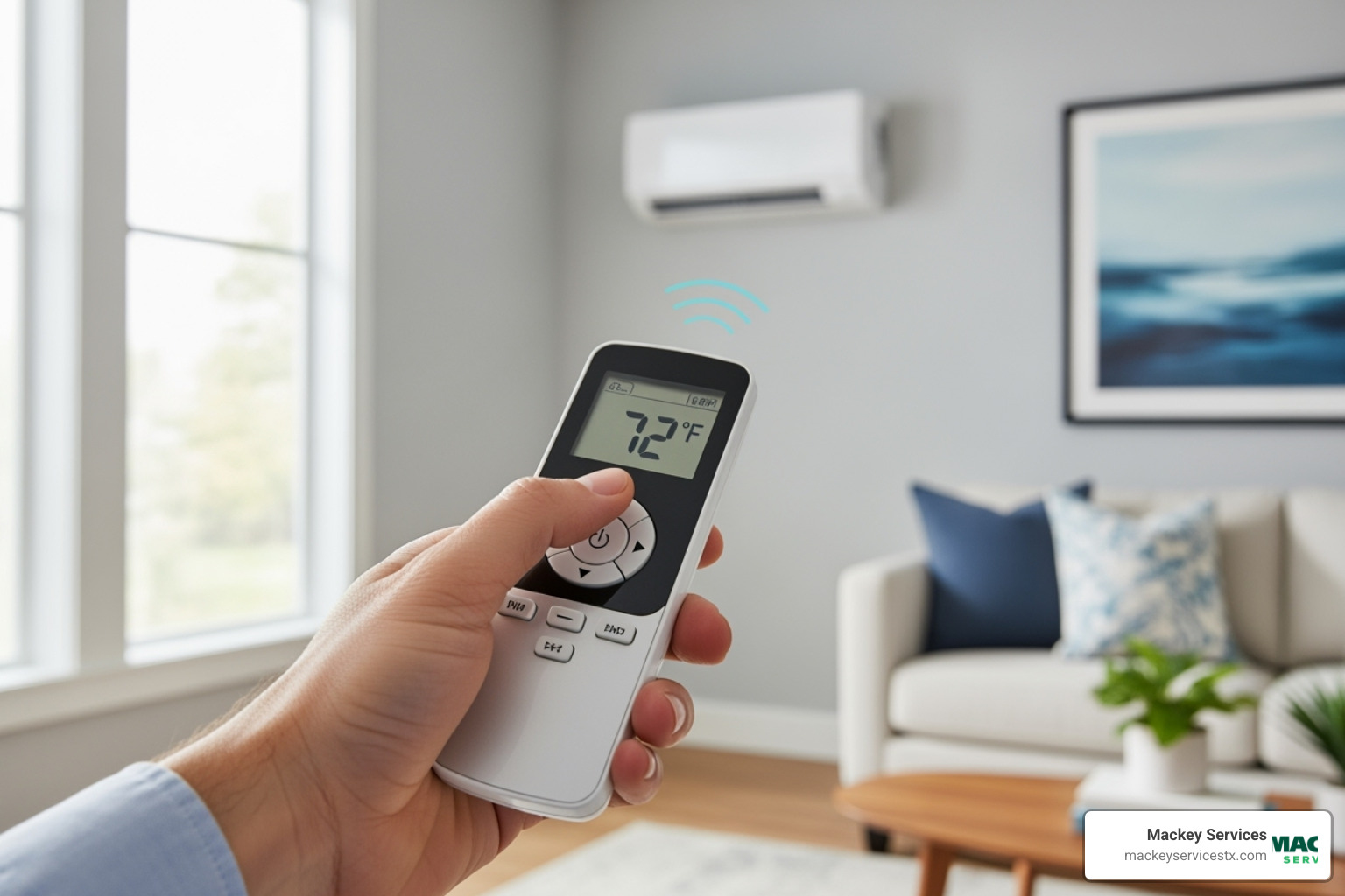 A remote control adjusting a ductless unit's temperature in a living room - ductless heat pump replacement A remote control adjusting a ductless unit's temperature in a living room - ductless heat pump replacement