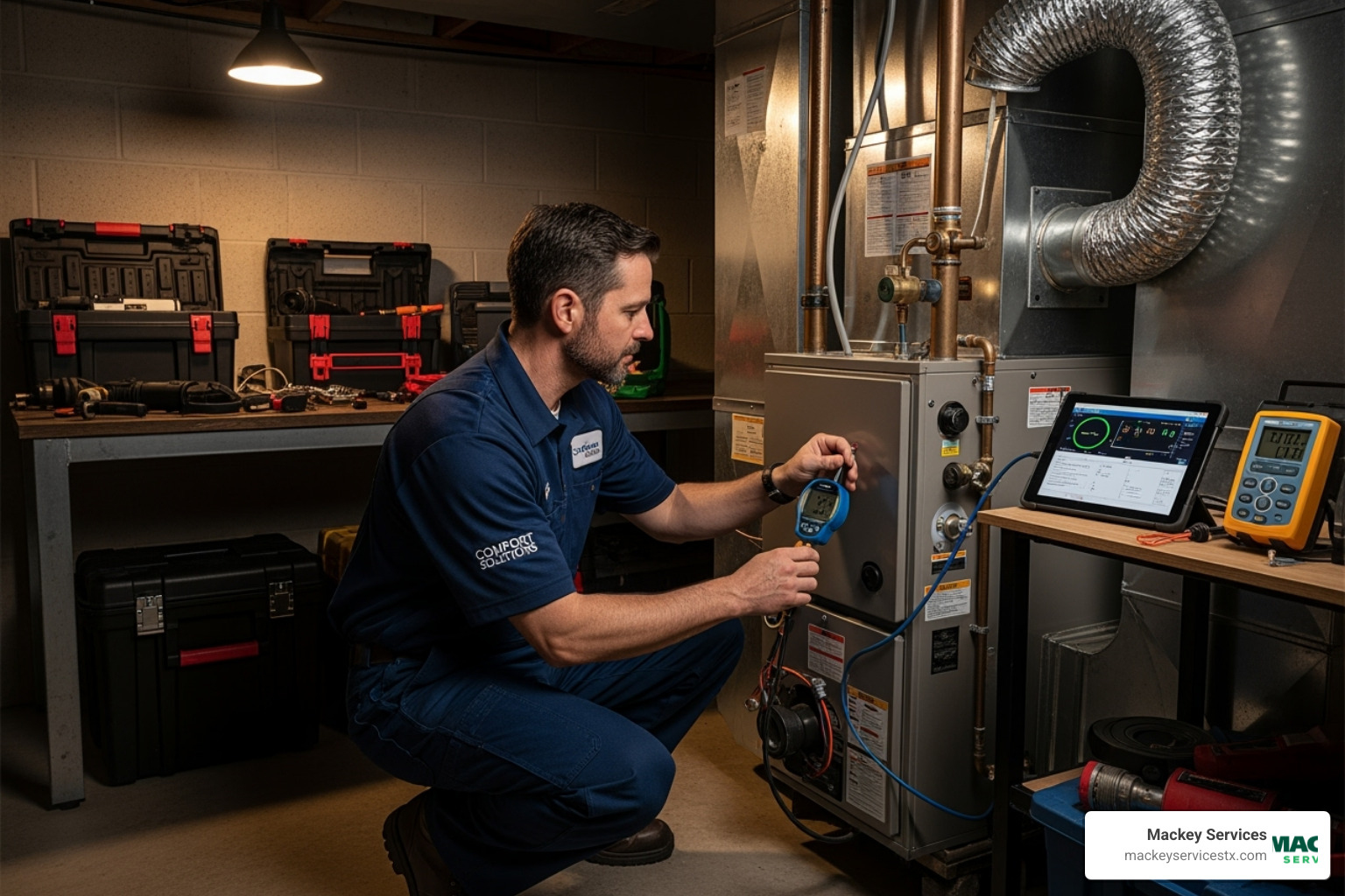 A professional technician inspecting a furnace with diagnostic tools - no heat from furnace repair south houston A professional technician inspecting a furnace with diagnostic tools - no heat from furnace repair south houston