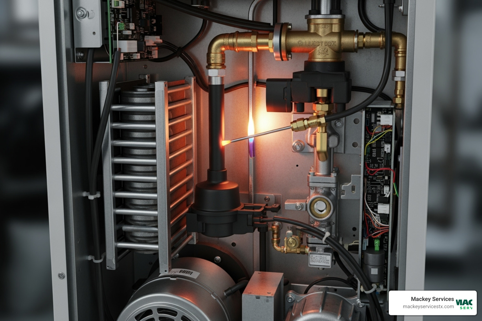 A furnace's internal components, highlighting the ignitor and flame sensor - no heat from furnace repair south houston A furnace's internal components, highlighting the ignitor and flame sensor - no heat from furnace repair south houston