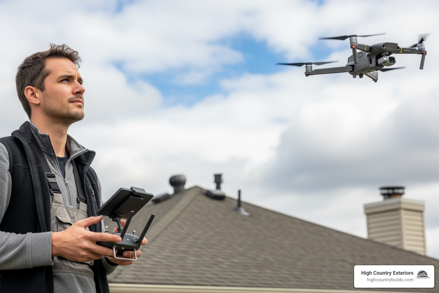 drone pilot with controller looking up at drone - drone for roof inspection