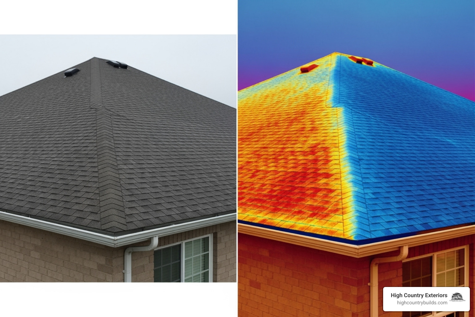 side-by-side comparison of a standard and thermal image of a roof - drone for roof inspection