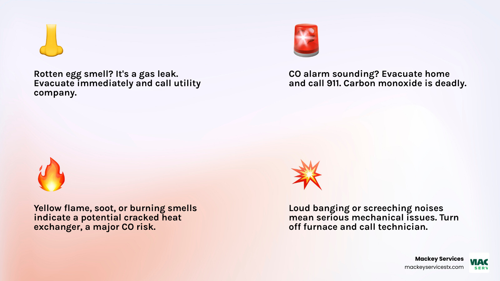 infographic showing common furnace problems like clogged filter, bad thermostat, ignition failure, and heat exchanger issues - no heat from furnace diagnosis league city infographic 4_facts_emoji_light-gradient
