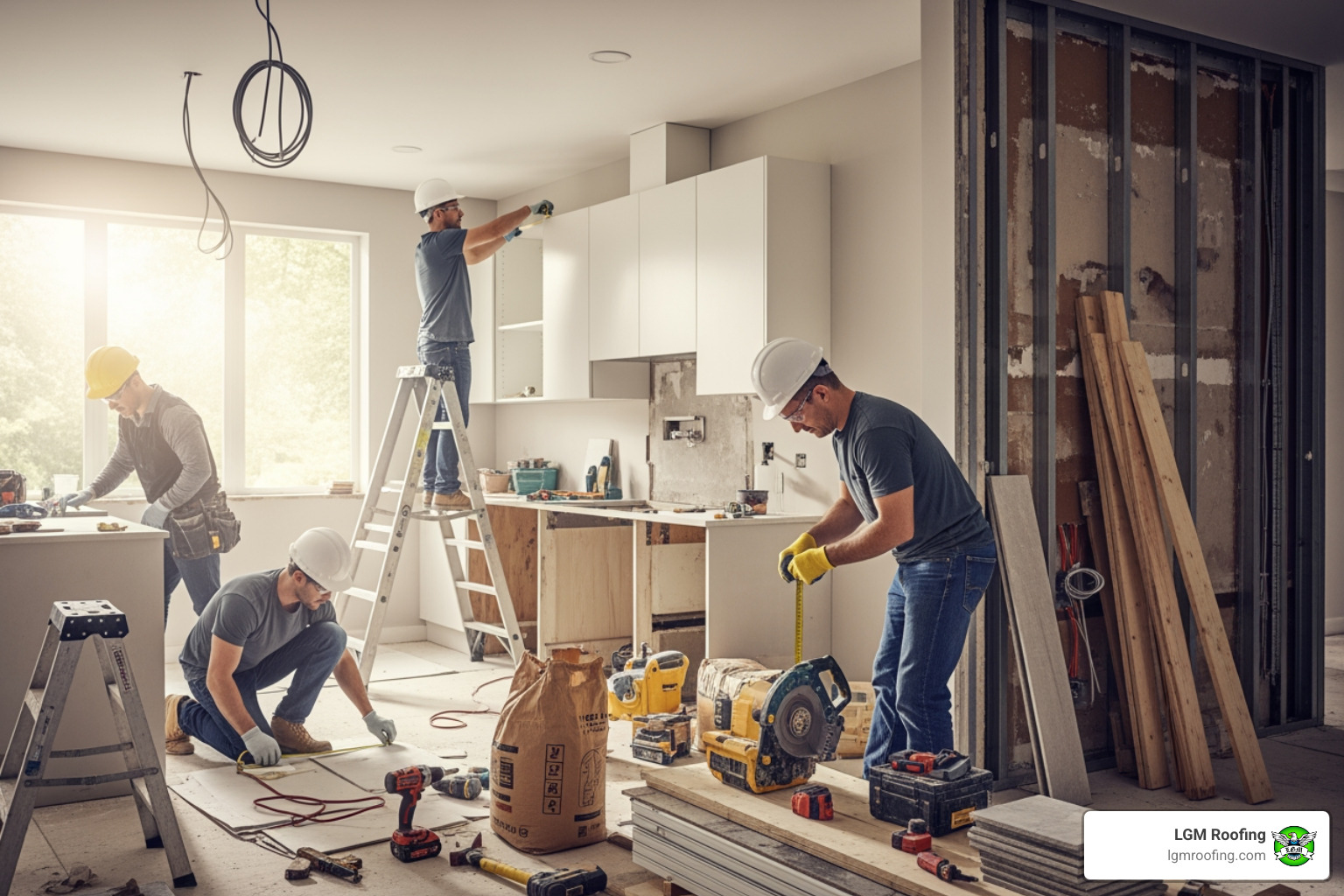 construction team working on a kitchen renovation - kitchen remodeling in bloomfield nj Construction workers in hard hats remodeling a kitchen, installing cabinets, measuring materials, and using power tools, with a focus on improving home functionality and aesthetics.