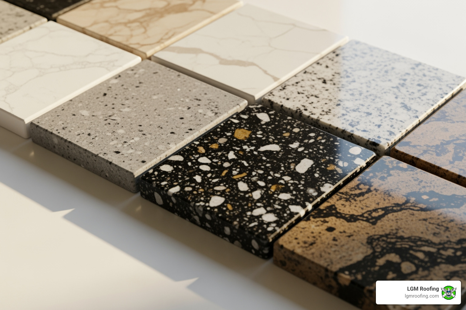 various kitchen countertop materials like quartz and granite - kitchen remodeling in bloomfield nj Variety of countertop samples showcasing marble and granite textures, emphasizing durable materials for kitchen remodeling, with LGM Roofing branding visible.