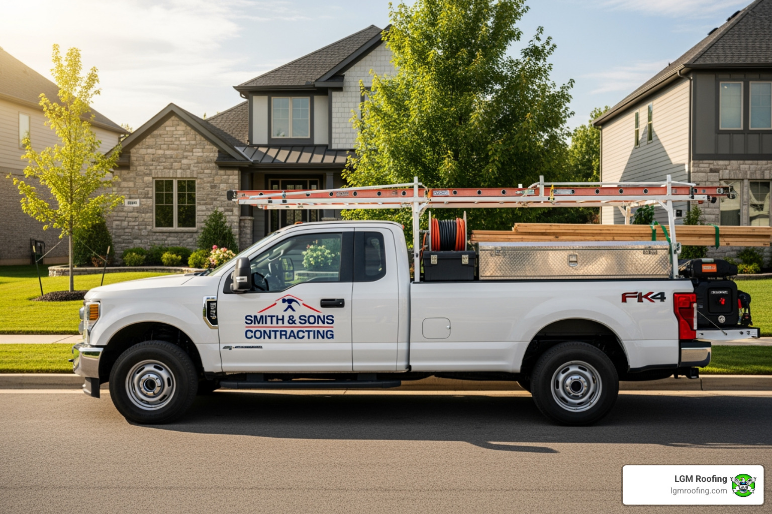 Professional contractor's work truck with clear branding - bathroom remodeling bloomfield nj White pickup truck with "Smith & Sons Contracting" branding parked in front of a residential home, showcasing remodeling tools and materials, symbolizing local expertise in bathroom remodeling in Bloomfield, NJ.