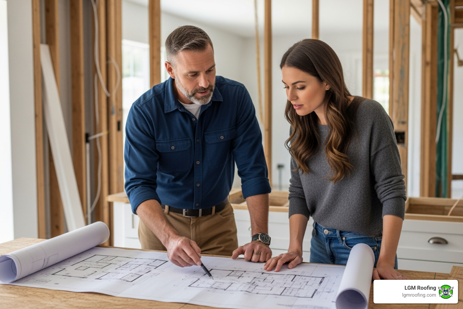 Contractor discussing blueprints with a homeowner - bathroom remodeling bloomfield nj Man and woman reviewing bathroom remodeling plans on blueprints at a construction site, emphasizing collaboration and design consultation for home improvement in Bloomfield, NJ.