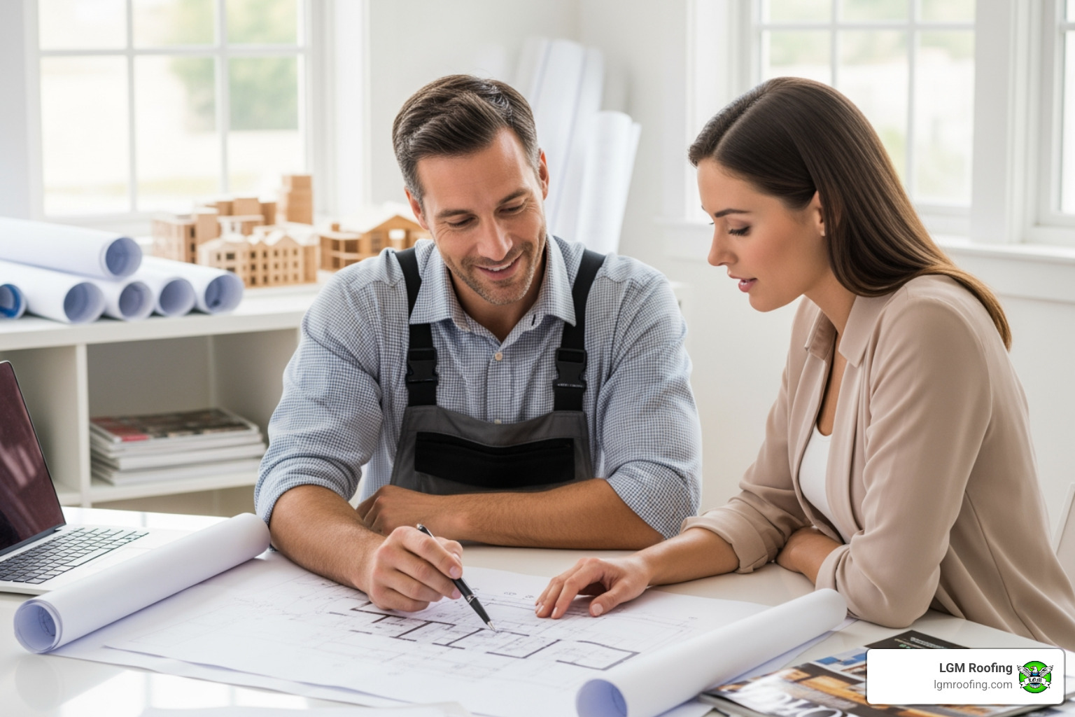 contractor and homeowner reviewing blueprints - home remodeling in bloomfield nj Contractor and client reviewing home remodeling plans with architectural blueprints and a laptop, emphasizing collaboration in Bloomfield, NJ.