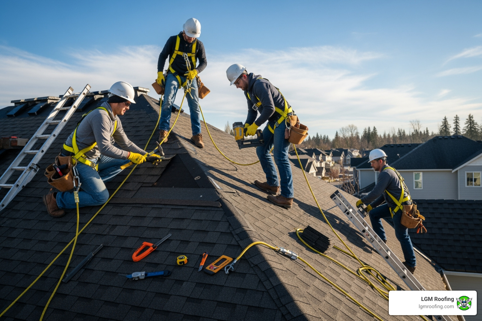 A roofing team working safely with proper equipment - roof repair bloomfield A roofing team working safely with proper equipment - roof repair bloomfield