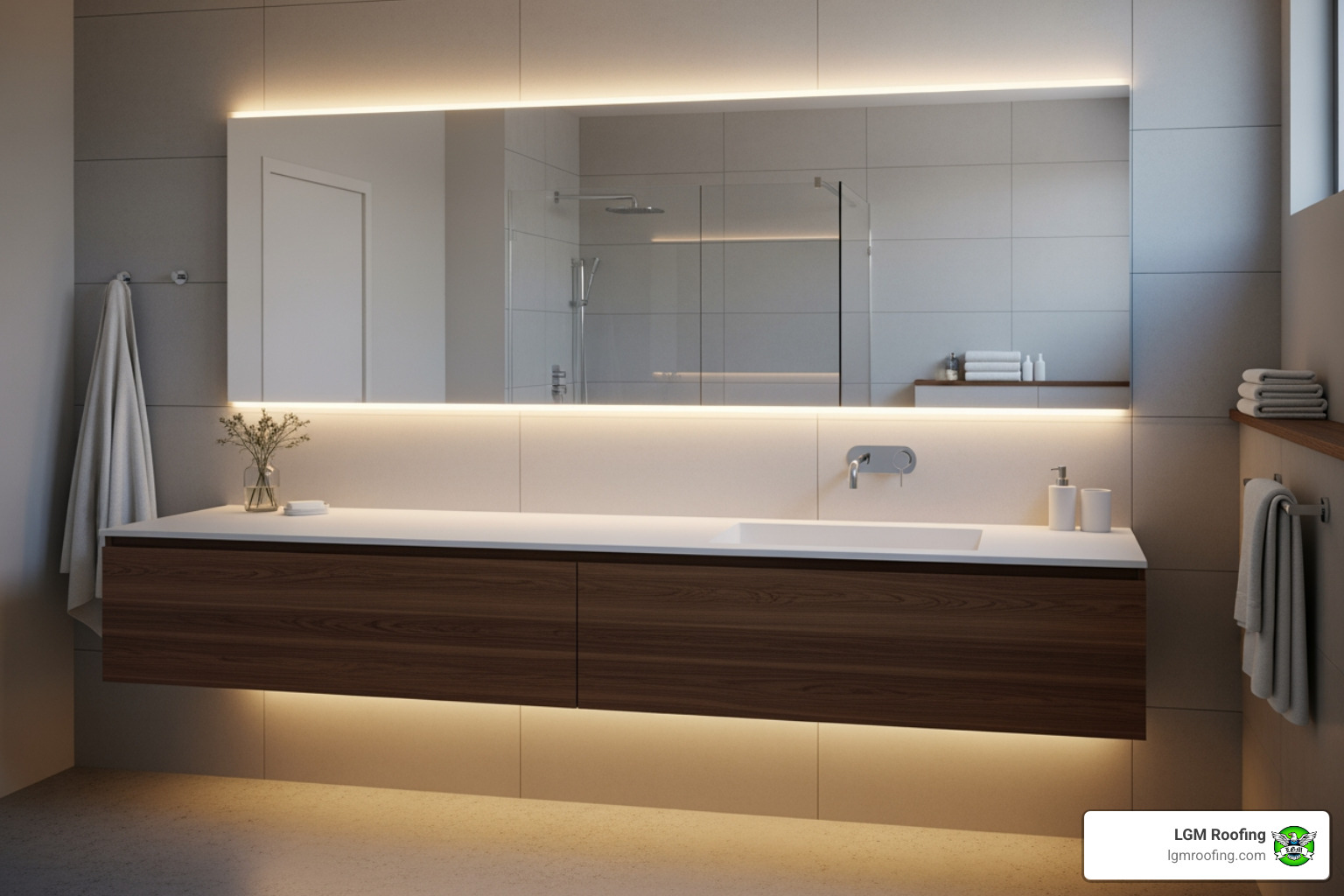 A stylish bathroom with energy-efficient LED lighting fixtures casting a warm glow, illuminating modern vanity and sleek shower area - bathroom remodeling bloomfield A stylish bathroom with energy-efficient LED lighting fixtures casting a warm glow, illuminating modern vanity and sleek shower area - bathroom remodeling bloomfield