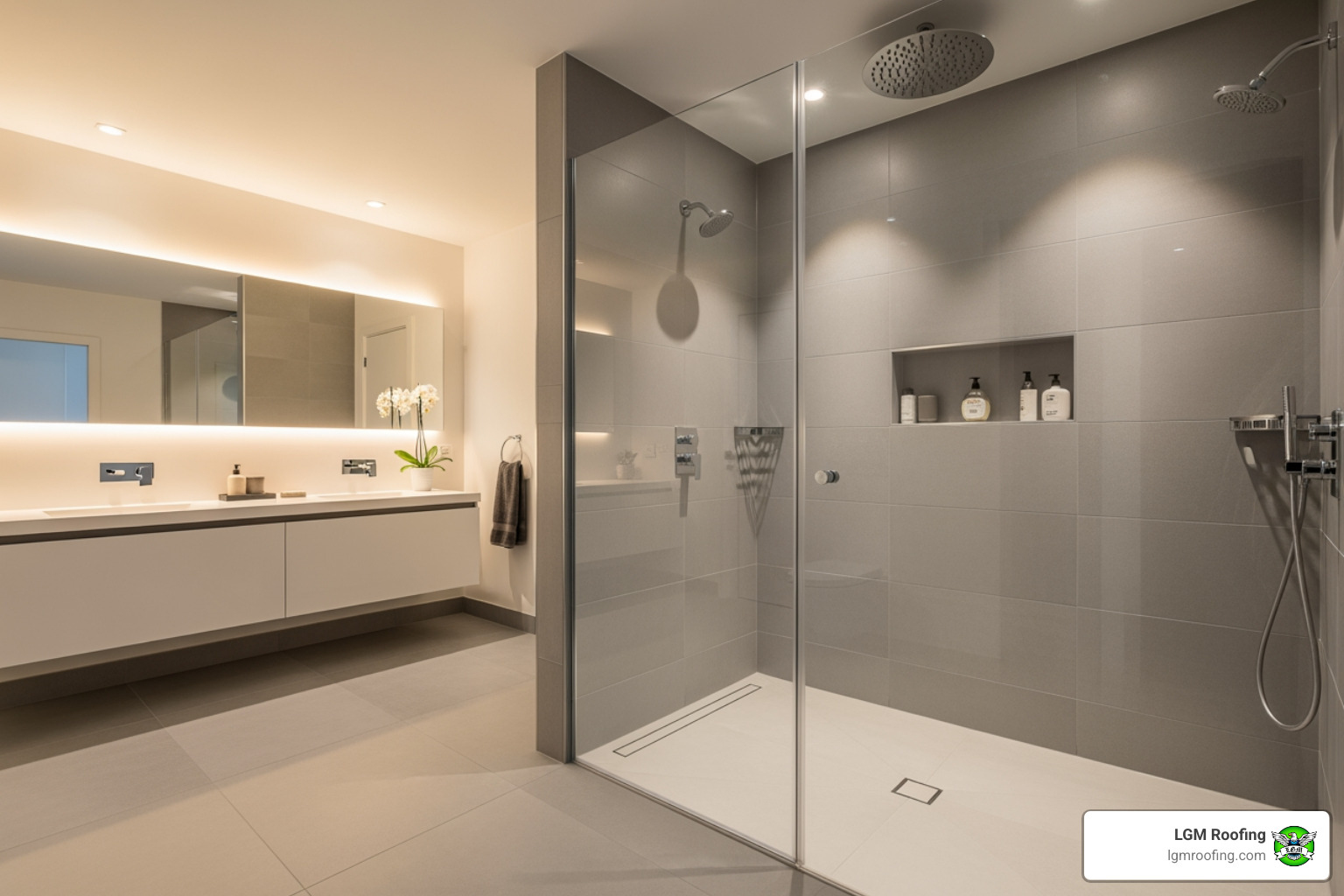 A modern bathroom featuring a spacious walk-in shower with frameless glass doors, sleek tiling, and a rainfall showerhead, exuding a spa-like feel - bathroom remodeling bloomfield A modern bathroom featuring a spacious walk-in shower with frameless glass doors, sleek tiling, and a rainfall showerhead, exuding a spa-like feel - bathroom remodeling bloomfield