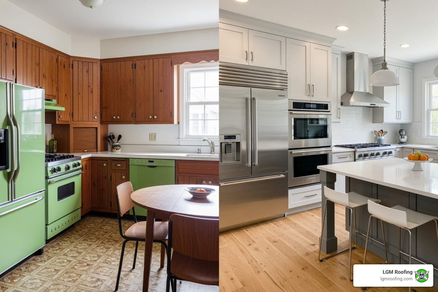 dated kitchen vs modern kitchen - home remodeling in bloomfield nj Vintage kitchen with green appliances and wooden cabinets contrasted with modern kitchen featuring stainless steel appliances and white cabinetry, illustrating the benefits of kitchen remodeling for improved functionality and style.
