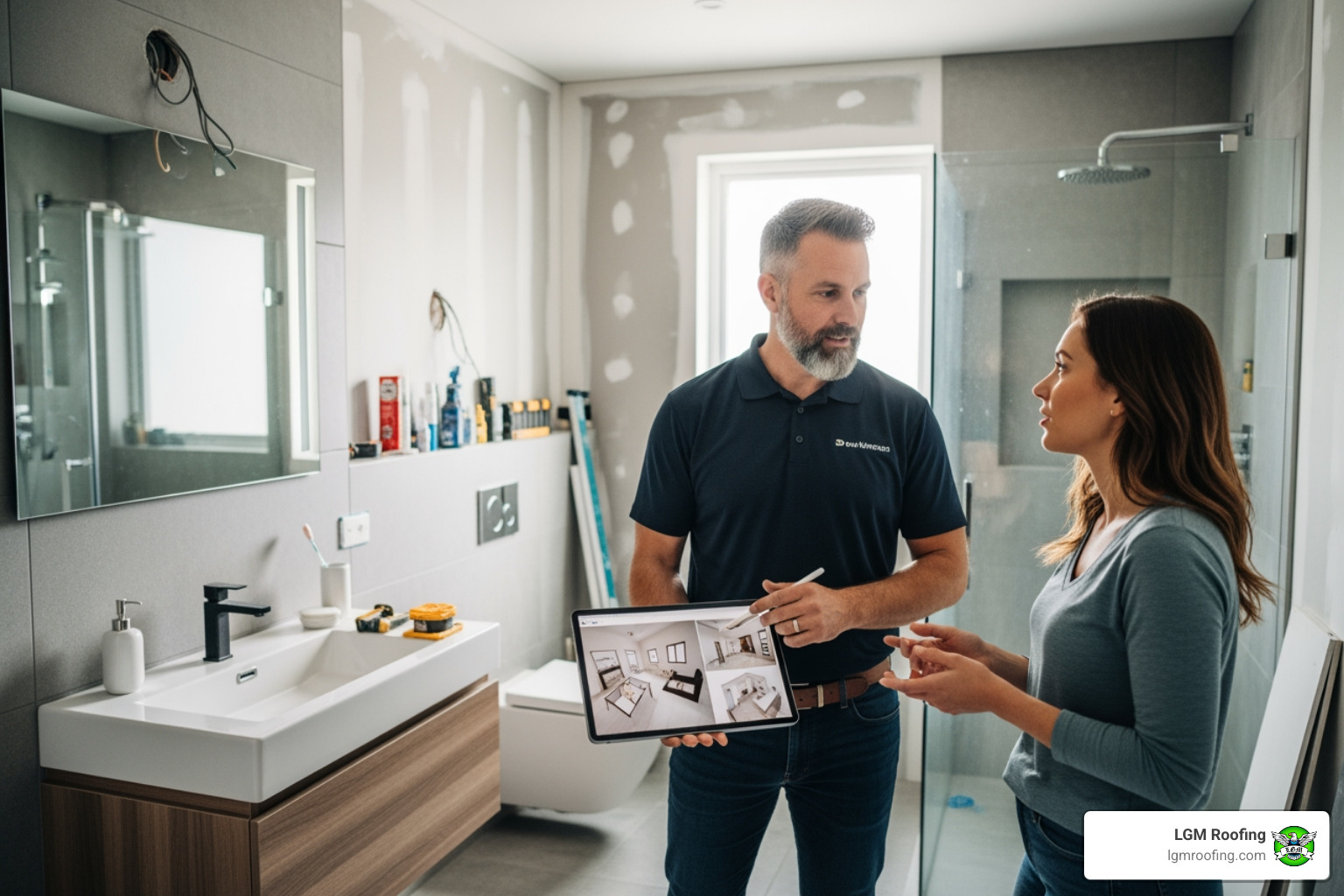 A professional contractor with a tablet discusses renovation plans with a homeowner inside a modern, partially remodeled bathroom, highlighting collaboration and clear communication - bathroom remodeling bloomfield A professional contractor with a tablet discusses renovation plans with a homeowner inside a modern, partially remodeled bathroom, highlighting collaboration and clear communication - bathroom remodeling bloomfield