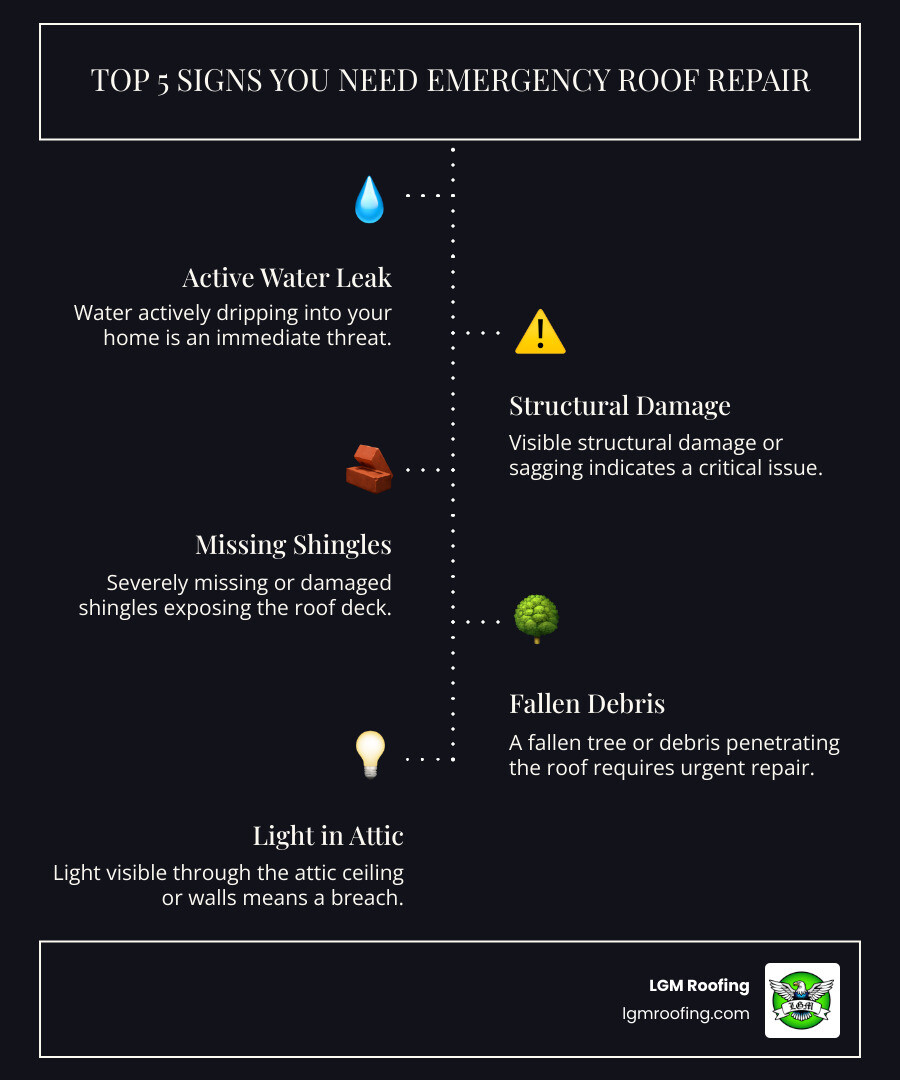 Infographic showing the top 5 signs you need emergency roof repair: 1) Water actively dripping into your home, 2) Visible structural damage or sagging, 3) Missing or severely damaged shingles exposing roof deck, 4) Fallen tree or debris penetrating the roof, 5) Light visible through attic ceiling or walls - emergency roof repair near me infographic infographic-line-5-steps-dark Top 5 signs you need emergency roof repair infographic featuring active water leak, structural damage, missing shingles, fallen debris, and light in attic, emphasizing urgent roofing issues for homeowners.
