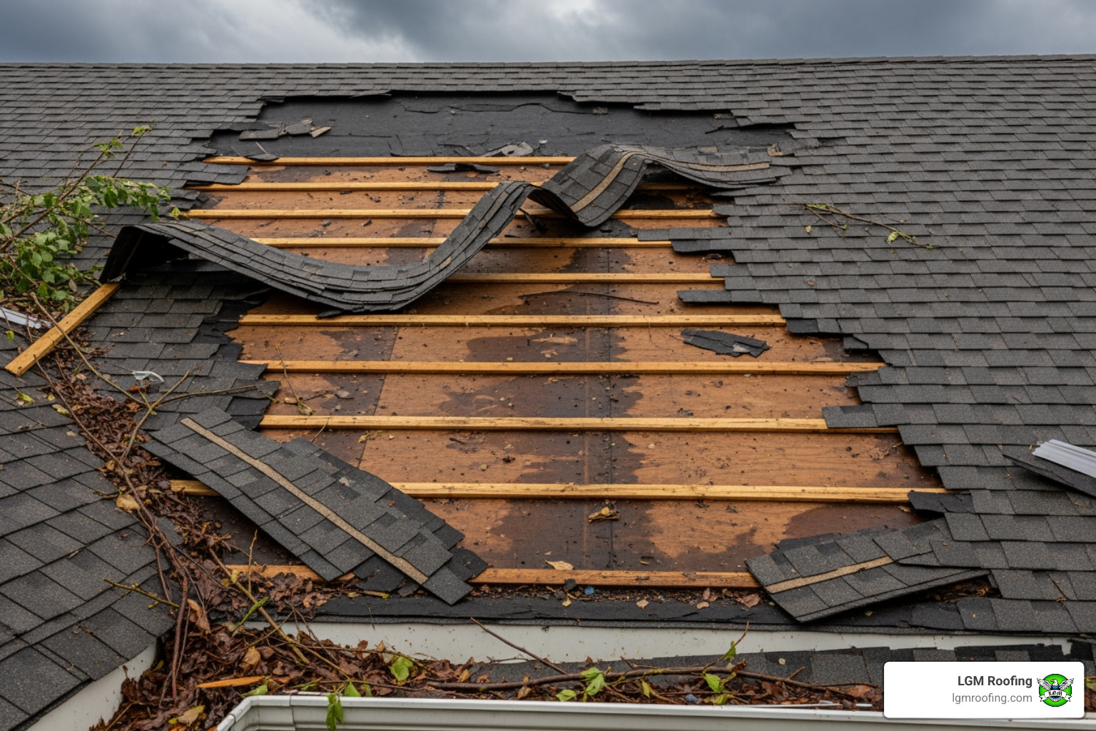 roof with missing shingles after a storm - emergency roof repair near me Damaged roof showing missing shingles and exposed wooden beams, indicating a roofing emergency for LGM Roofing services in New Jersey.