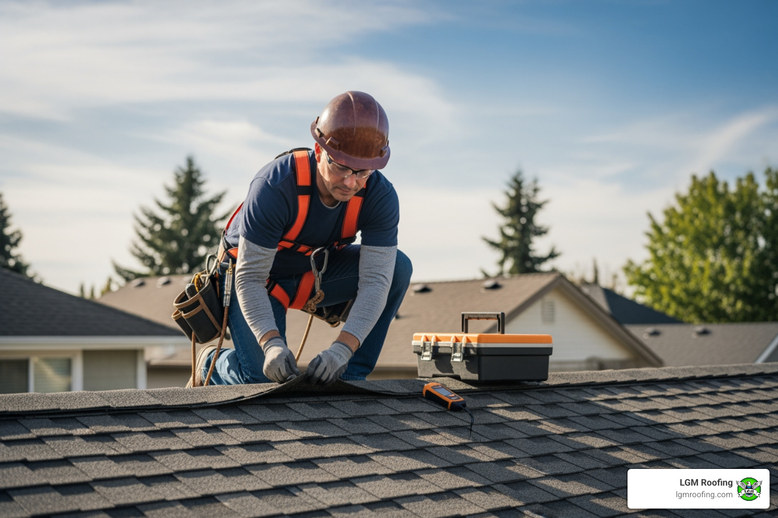 roofer performing a routine roof inspection - emergency roof repair near me Roofer in safety gear repairing shingles on residential roof, LGM Roofing branding visible, emphasizing emergency repair services in New Jersey.