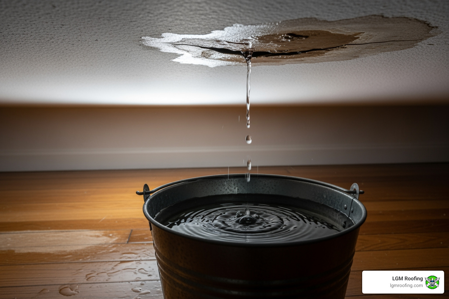 bucket collecting water from a ceiling leak - emergency roof repair near me Water dripping from a ceiling leak into a metal bucket, showcasing damage control during a roofing emergency, with LGM Roofing branding visible.