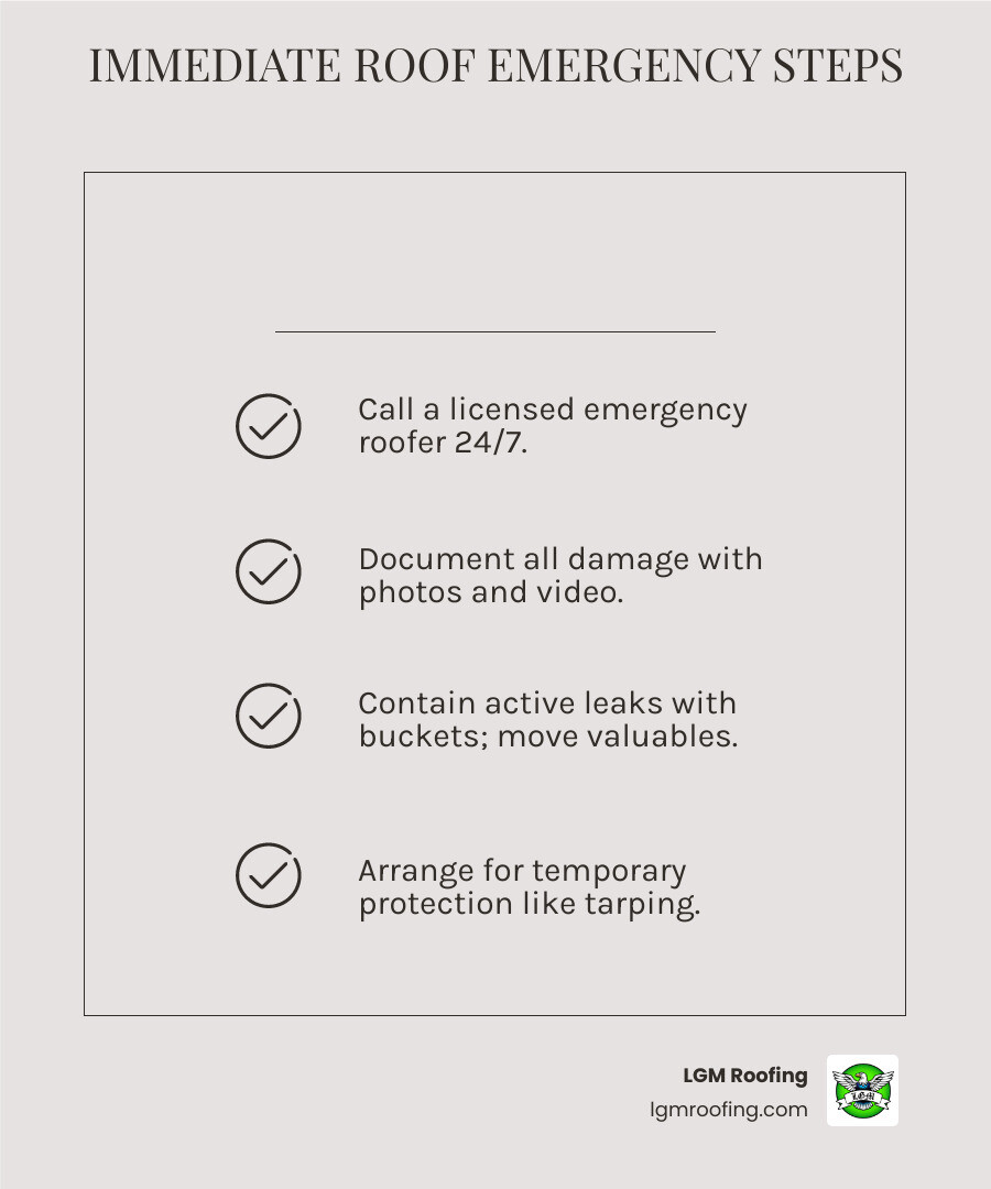 infographic showing emergency roof response steps: 1. Assess damage safely from ground level, 2. Document with photos and video, 3. Place buckets under active leaks, 4. Move valuables away from water, 5. Call licensed emergency roofer 24/7, 6. Contact insurance company, 7. Get temporary protection like tarping, 8. Schedule permanent repair assessment - emergency roof repair cost bloomfield infographic checklist-light-beige Immediate roof emergency steps checklist with actionable items for homeowners facing urgent roofing issues, including contacting a licensed roofer, documenting damage, containing leaks, and arranging temporary protection like tarping.