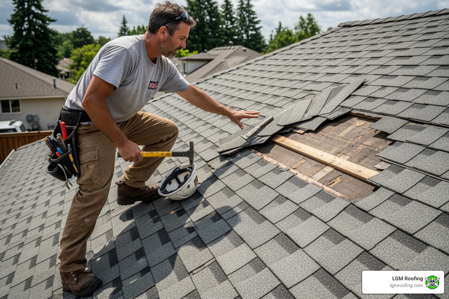 roofer inspecting missing shingles on a roof - emergency roof repair cost bloomfield Roofer assessing storm damage on a residential roof, with missing shingles exposing the underlayment, emphasizing emergency repair needs in Bloomfield, NJ.
