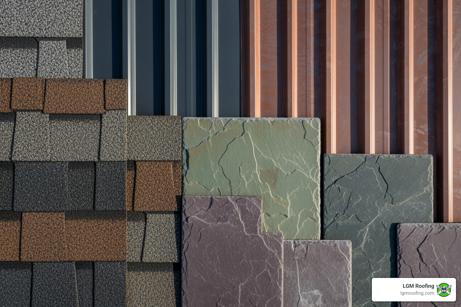 close-up of different roofing materials like asphalt shingles, metal, and slate - emergency roof repair cost bloomfield Variety of roofing materials including asphalt shingles, slate tiles, and metal panels, showcasing options for emergency roof repairs in Bloomfield by LGM Roofing.