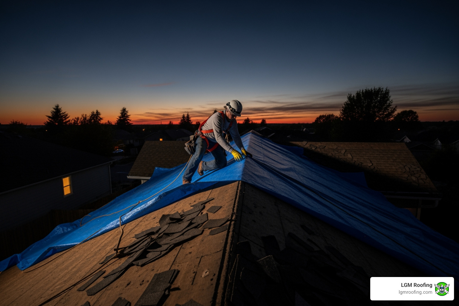 roofer applying an emergency tarp to a roof at dusk - emergency roof repair cost bloomfield Roofing professional applying a blue tarp on a residential roof at dusk, illustrating emergency roofing repair services by LGM Roofing.