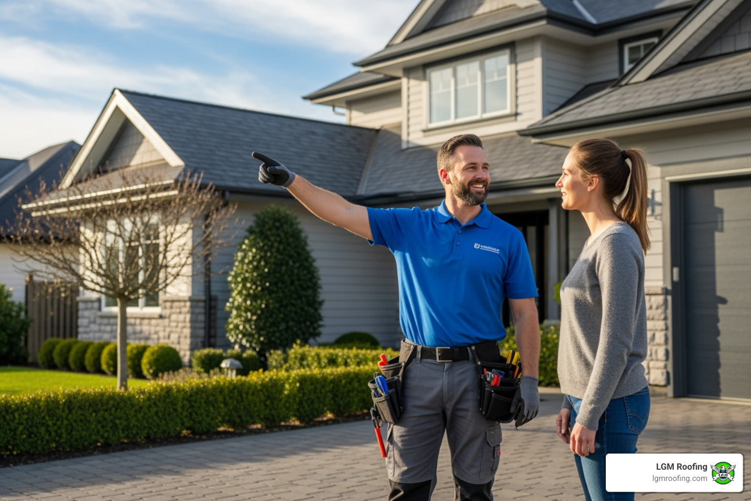 friendly, professional roofer talking with a homeowner - roof inspection near me Roof inspector in blue shirt discussing roof inspection with homeowner in front of residential property, showcasing LGM Roofing branding.