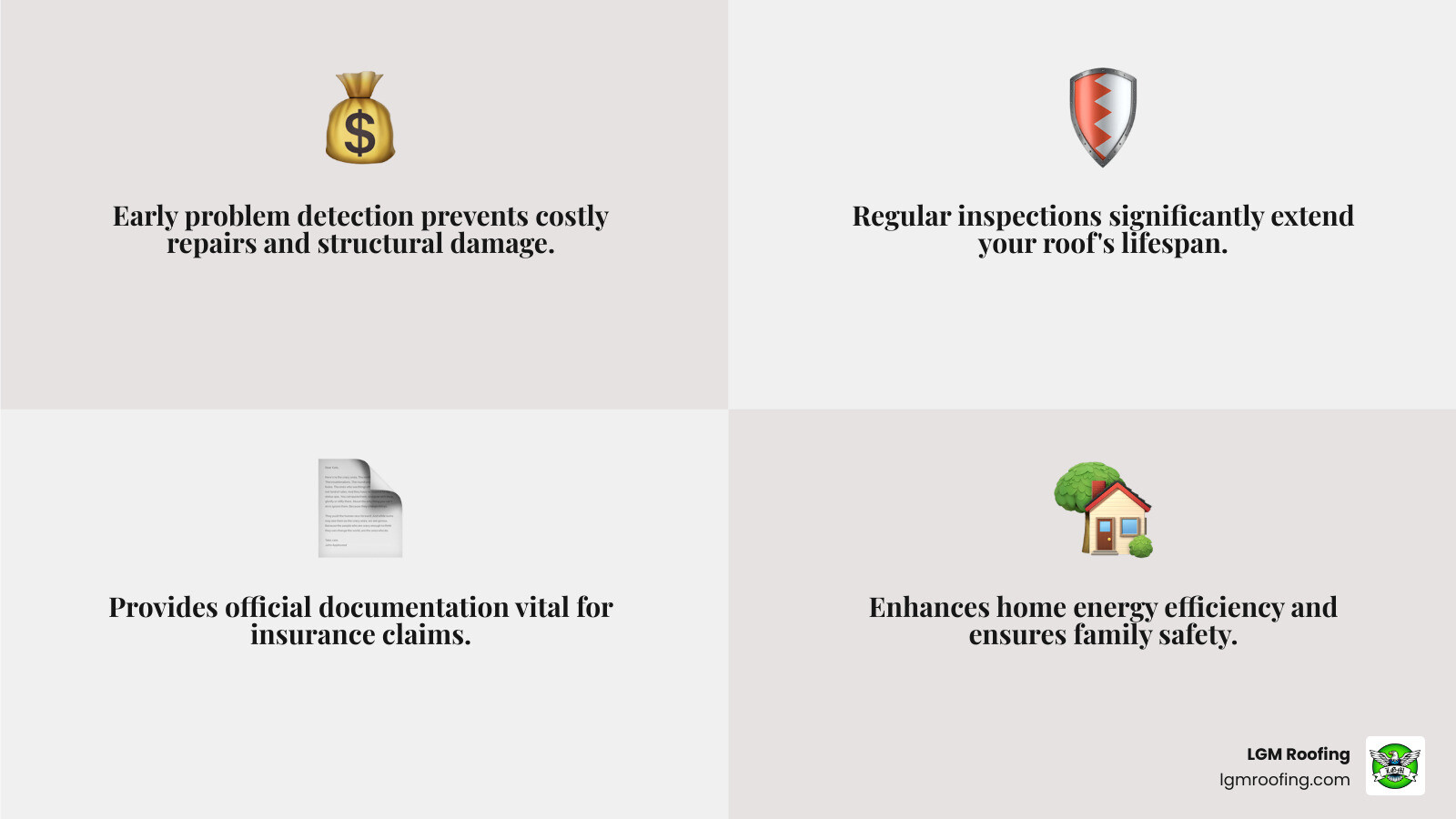 Infographic showing the five key benefits of professional roof inspections: 1) Early problem detection saves money on repairs, 2) Extends your roof's lifespan by years, 3) Provides official documentation for insurance claims, 4) Improves home energy efficiency by identifying ventilation issues, 5) Protects your family's safety by catching structural problems before they become dangerous - roof inspection near me infographic 4_facts_emoji_grey Four informational panels highlighting the benefits of roof inspections: early problem detection, lifespan extension, insurance documentation, and enhanced energy efficiency, featuring icons of money, a shield, a document, and a house, with LGM Roofing branding.