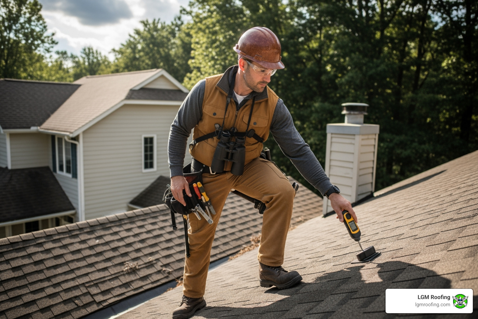 roofer safely inspecting a roof with specialized tools - roof inspection near me Professional roofer inspecting shingles on a residential roof, equipped with tools and binoculars, emphasizing the importance of thorough roof inspections for maintenance and damage prevention.