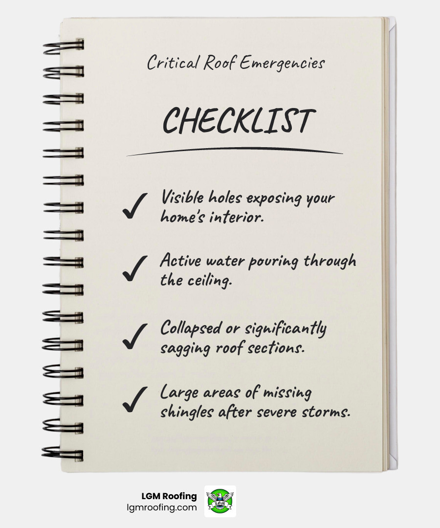 Infographic showing critical emergency roof situations requiring immediate attention: visible holes exposing interior, active water pouring through ceiling, collapsed or sagging roof sections, large areas of missing shingles after storms, and fallen trees or debris penetrating the roof structure - emergency roof installation bloomfield infographic checklist-notebook Checklist for critical roof emergencies including visible holes, active water leaks, sagging roof sections, and missing shingles, with LGM Roofing branding at the bottom.