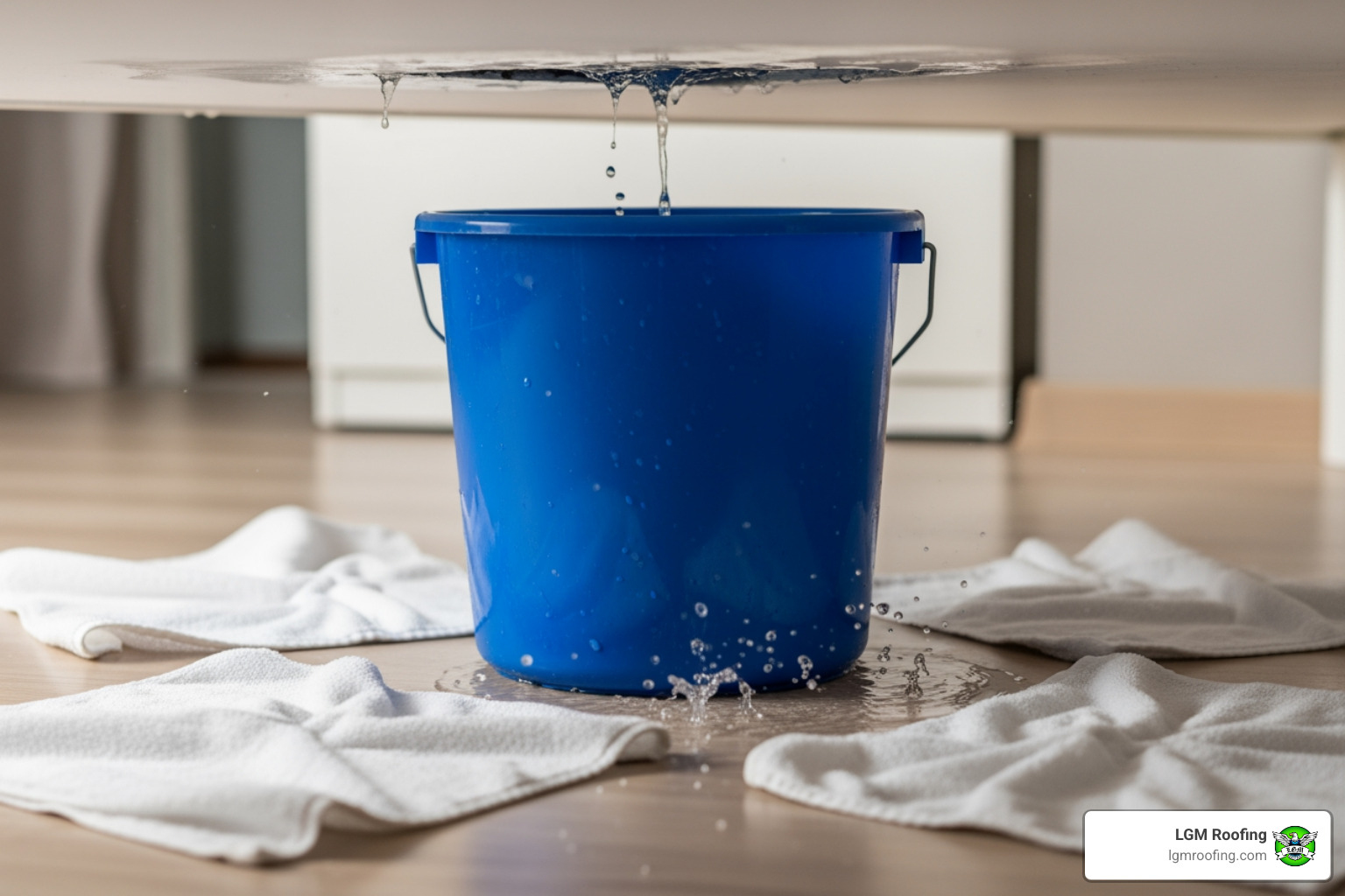 A bucket placed strategically under a ceiling leak, collecting dripping water, with towels on the floor to absorb splashes. - emergency roof installation bloomfield Blue bucket catching water dripping from ceiling with white towels on floor, illustrating emergency home water damage response for roof issues.