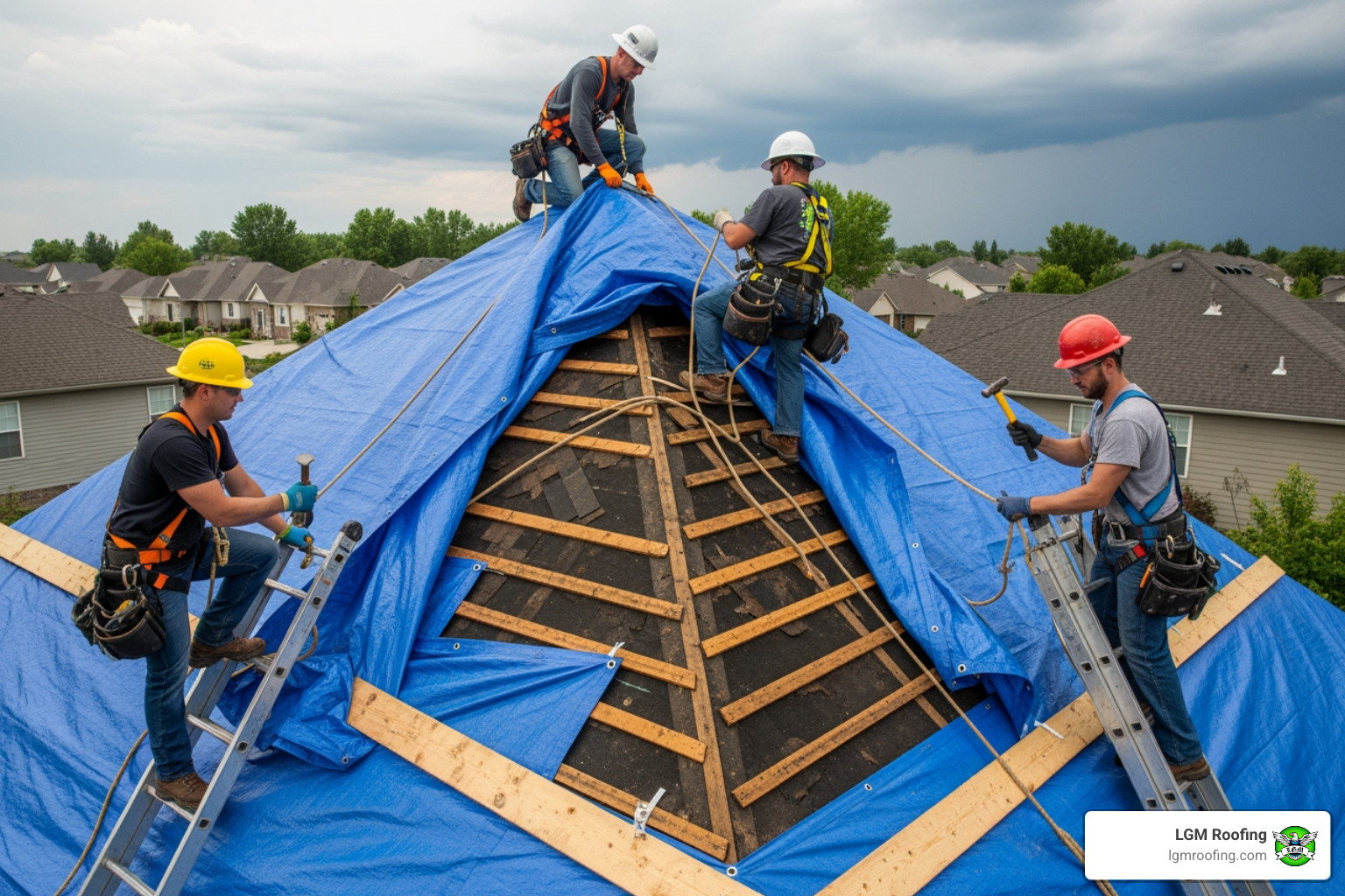 Professional roofers safely applying a large blue tarp to a damaged roof, securing it with ropes and boards to prevent further water intrusion. - emergency roof installation bloomfield Technicians performing emergency roof tarping with heavy-duty blue tarps on a pitched roof, ensuring stabilization and waterproofing during a roofing emergency in Bloomfield.