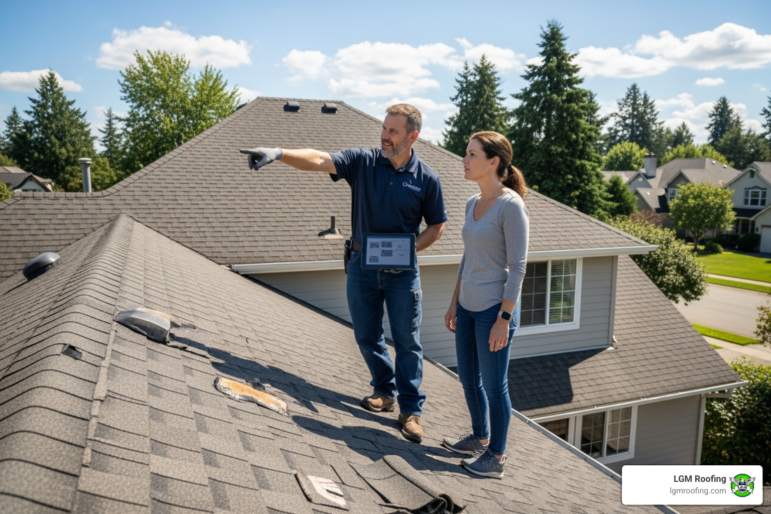 A professional roofing contractor pointing out details on a roof to a homeowner, explaining the damage and proposed repair plan. - emergency roof installation bloomfield Roofing contractor inspecting residential roof with homeowner, discussing damage assessment and repair options, featuring shingles and ventilation elements, under clear blue sky.