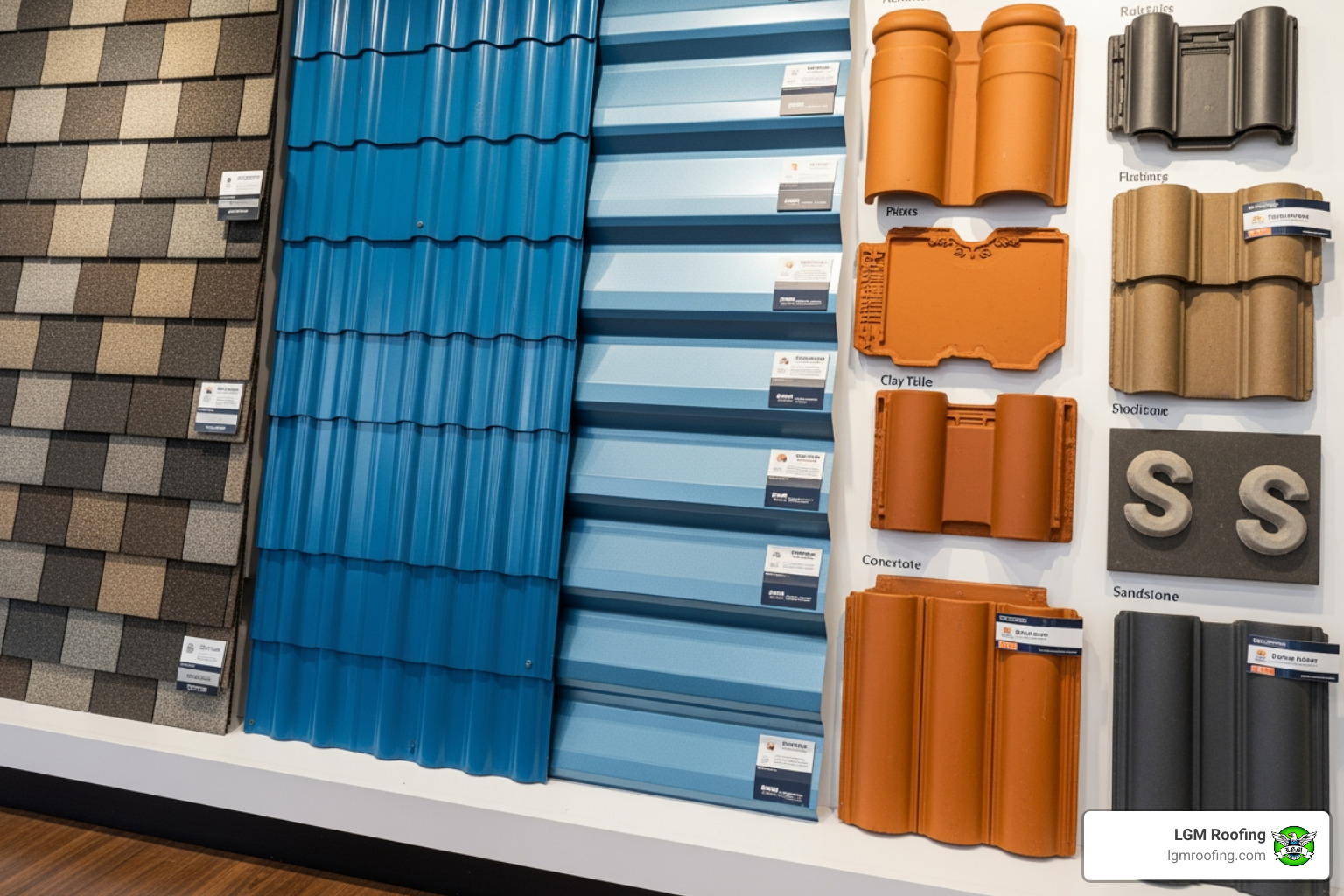 Variety of roofing materials including architectural shingles, metal roofing, and tile samples - roof replacement bloomfield Variety of roofing materials displayed, including metal, slate, wood shakes, and tile options, showcasing LGM Roofing's offerings for Bloomfield roof replacements.