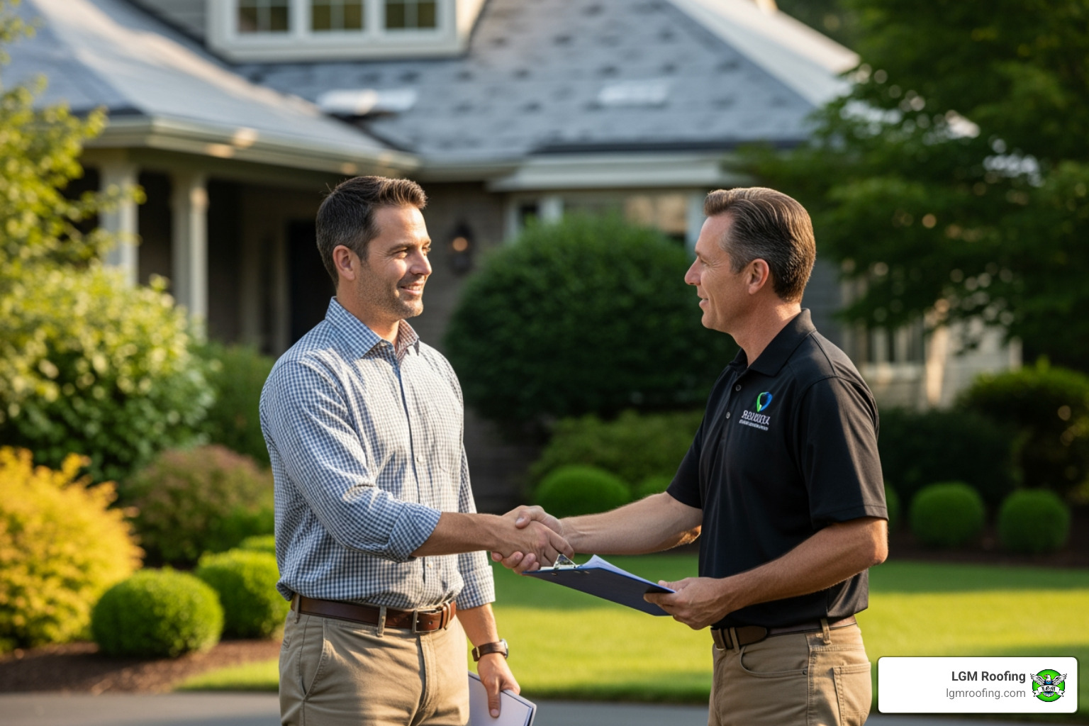 Homeowner shaking hands with a roofing contractor - roof replacement bloomfield Two men shaking hands in front of a home with a new roof, one in a checkered shirt holding documents and the other in a black LGM Roofing polo, symbolizing professional roofing consultation and customer service in Bloomfield.