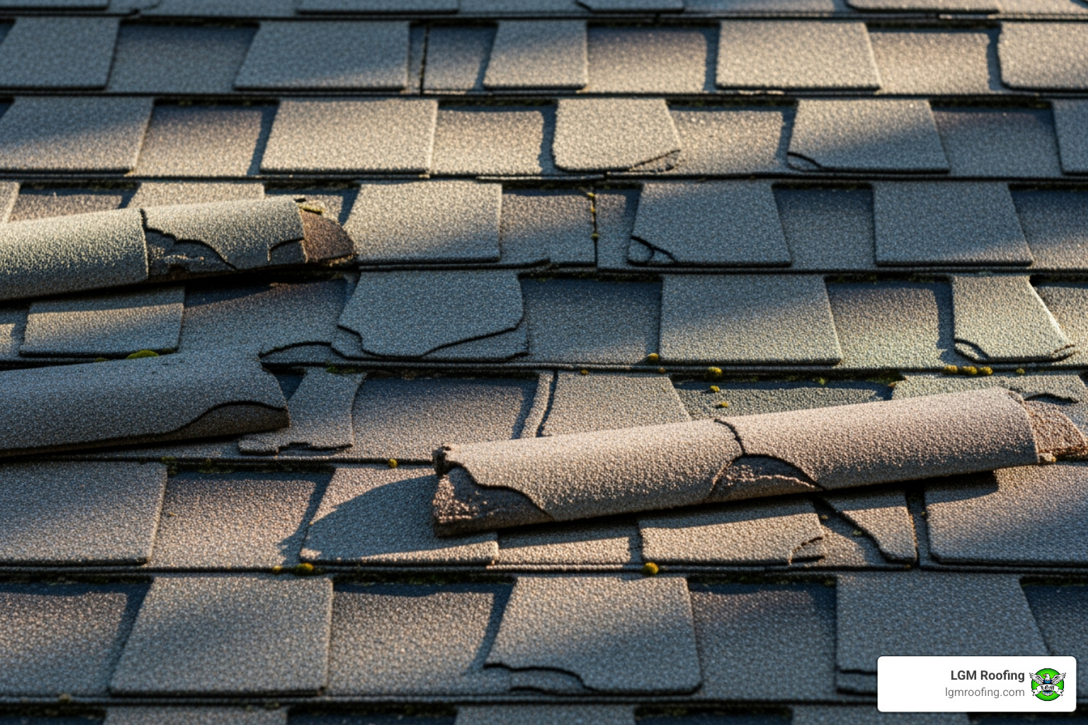 Curling and cracked asphalt shingles on a residential roof - roof replacement bloomfield Widespread curling and cracked shingles on a roof, indicating significant damage and potential need for replacement, with LGM Roofing logo visible.