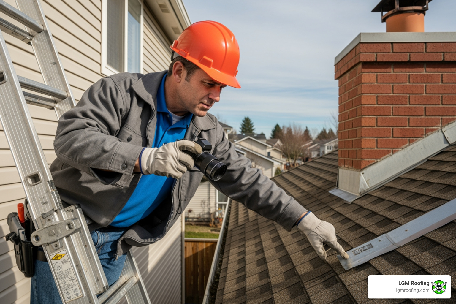 A professional roof inspector on a ladder, closely examining the flashing around a chimney on a residential roof. - roof inspection cost bloomfield Roof inspector in orange hard hat using camera to examine roofing materials and chimney during professional roof inspection by LGM Roofing in Bloomfield, NJ.
