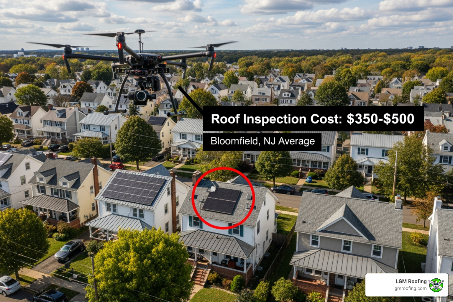 Calendar with a roof icon, illustrating the importance of scheduling regular roof inspections. - roof inspection cost bloomfield Drone capturing aerial view of residential neighborhood in Bloomfield, NJ, highlighting roof inspection cost of $350-$500, with focus on home featuring solar panels.