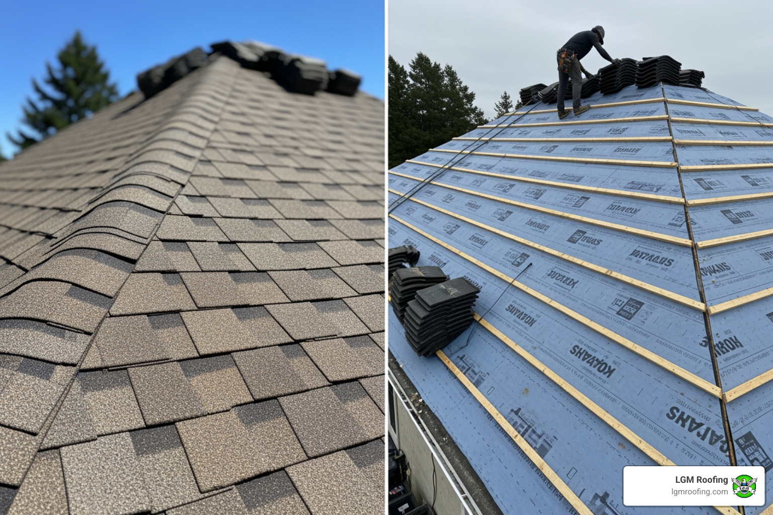 A split-screen image showing a minor roof repair on one side and a full roof replacement on the other, highlighting the contrast - roof repair cost bloomfield A split-screen image showing a minor roof repair on one side and a full roof replacement on the other, highlighting the contrast - roof repair cost bloomfield