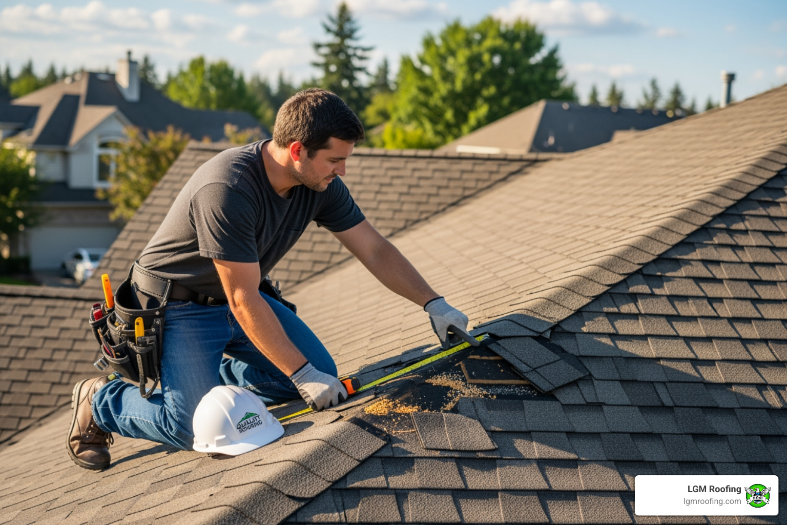 A roofer carefully inspecting a damaged section of a residential roof - roof repair cost bloomfield A roofer carefully inspecting a damaged section of a residential roof - roof repair cost bloomfield