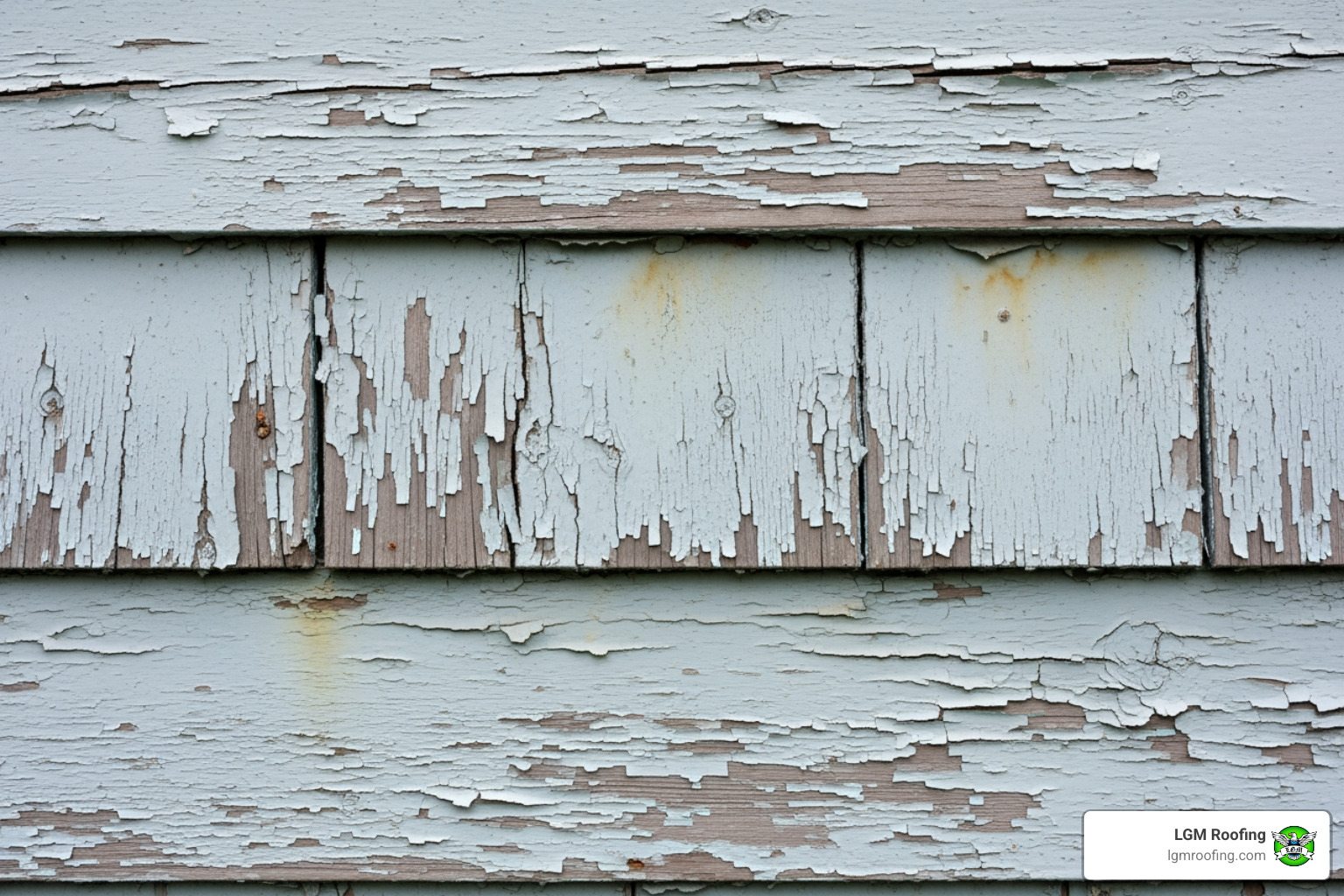 siding with visible cracks and fading - siding installation bloomfield Peeling and damaged siding highlighting moisture issues and potential dry rot, with LGM Roofing logo in the corner, relevant to siding repair and maintenance in Bloomfield.