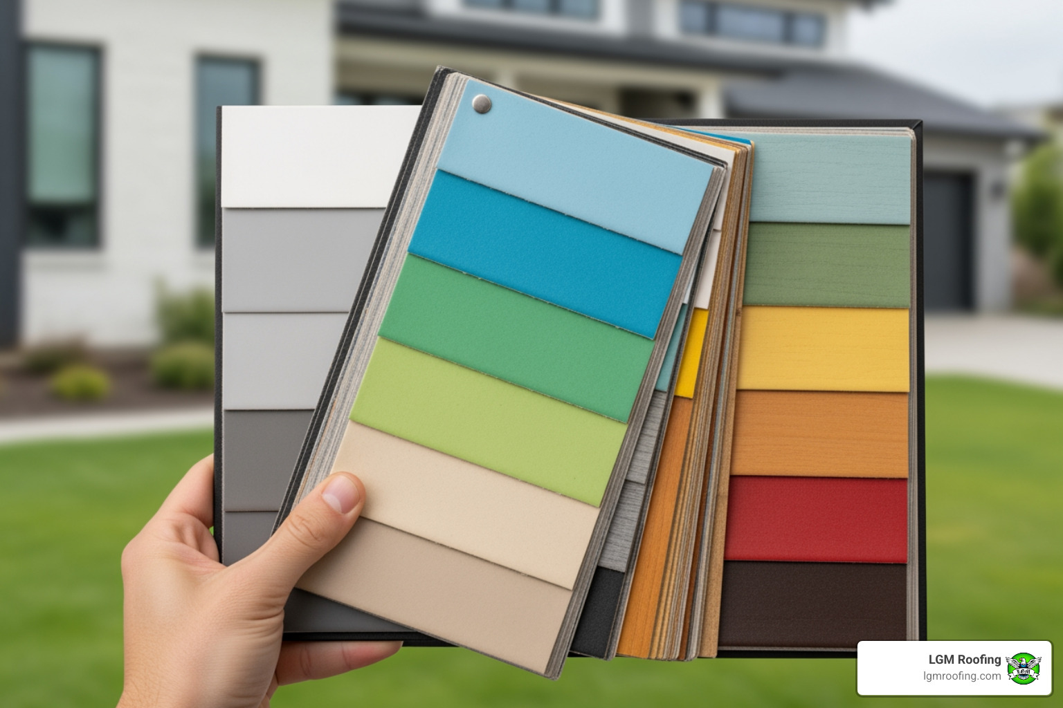swatch book showing different siding materials and colors - siding installation bloomfield Hand holding siding color swatches, featuring a variety of hues for home exterior options, with a blurred modern house in the background, relevant to siding material selection for Bloomfield homes.