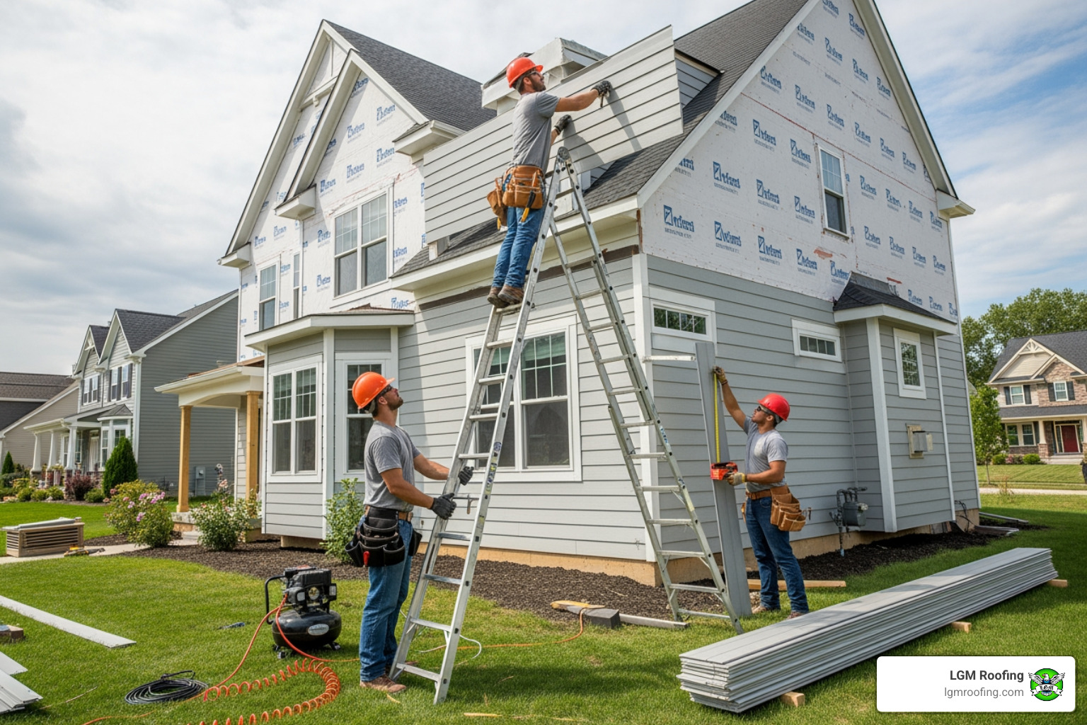 professional crew installing siding on a house - siding installation bloomfield Workers installing siding on a residential home in Bloomfield, NJ, using a ladder and measuring tools, with siding materials and equipment visible in the foreground.