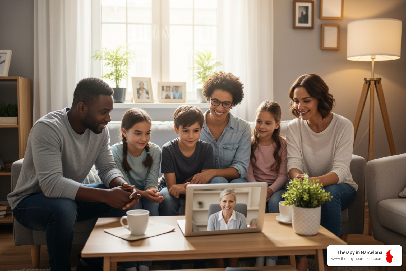 therapist talking to family on laptop - online family therapy