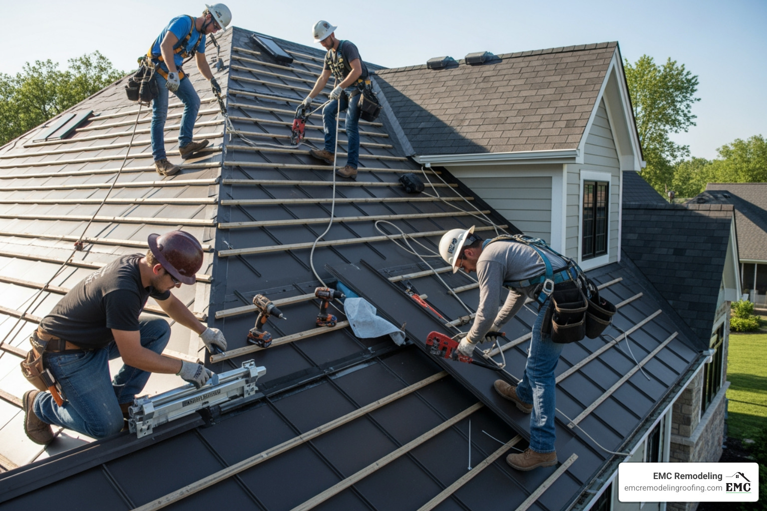 A professional roofing crew meticulously installing standing seam metal panels on a residential roof, highlighting precision and safety measures. - Cedar Park metal roofing A professional roofing crew meticulously installing standing seam metal panels on a residential roof, highlighting precision and safety measures. - Cedar Park metal roofing