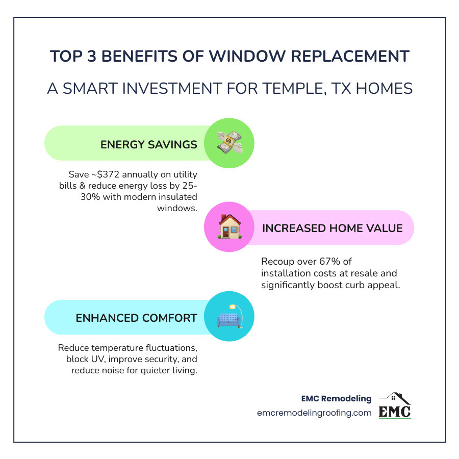 Infographic showing three key benefits of window replacement in Temple, TX: 1) Energy Savings - Save approximately $372 annually on utility bills and reduce energy loss by 25-30% with modern insulated windows, 2) Increased Home Value - Recoup over 67% of installation costs at resale while improving curb appeal, 3) Enhanced Comfort - Reduce indoor temperature fluctuations, block UV rays, improve security with advanced locking mechanisms, and achieve better noise reduction for quieter living spaces - window installation in temple texas infographic infographic-line-3-steps-colors Infographic showing three key benefits of window replacement in Temple, TX: 1) Energy Savings - Save approximately $372 annually on utility bills and reduce energy loss by 25-30% with modern insulated windows, 2) Increased Home Value - Recoup over 67% of installation costs at resale while improving curb appeal, 3) Enhanced Comfort - Reduce indoor temperature fluctuations, block UV rays, improve security with advanced locking mechanisms, and achieve better noise reduction for quieter living spaces - window installation in temple texas infographic infographic-line-3-steps-colors