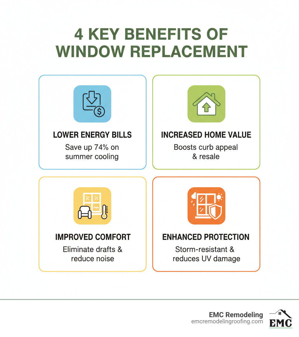 Infographic showing 4 key benefits of window replacement: 1. Lower Energy Bills - Save up to 74% on summer cooling costs with energy-efficient windows; 2. Increased Home Value - Modern windows boost curb appeal and resale value; 3. Improved Comfort - Eliminate drafts, reduce noise, and maintain consistent indoor temperatures; 4. Enhanced Protection - Storm-resistant windows withstand Texas weather while reducing UV damage to interiors - replacement windows pflugerville infographic Infographic showing 4 key benefits of window replacement: 1. Lower Energy Bills - Save up to 74% on summer cooling costs with energy-efficient windows; 2. Increased Home Value - Modern windows boost curb appeal and resale value; 3. Improved Comfort - Eliminate drafts, reduce noise, and maintain consistent indoor temperatures; 4. Enhanced Protection - Storm-resistant windows withstand Texas weather while reducing UV damage to interiors - replacement windows pflugerville infographic