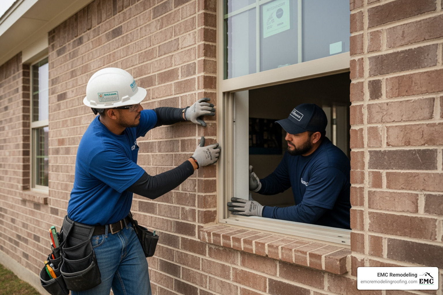 Professional installers carefully fitting a new, energy-efficient window into the sturdy brick frame of a Pflugerville home, ensuring a precise and secure installation - replacement windows pflugerville Professional installers carefully fitting a new, energy-efficient window into the sturdy brick frame of a Pflugerville home, ensuring a precise and secure installation - replacement windows pflugerville