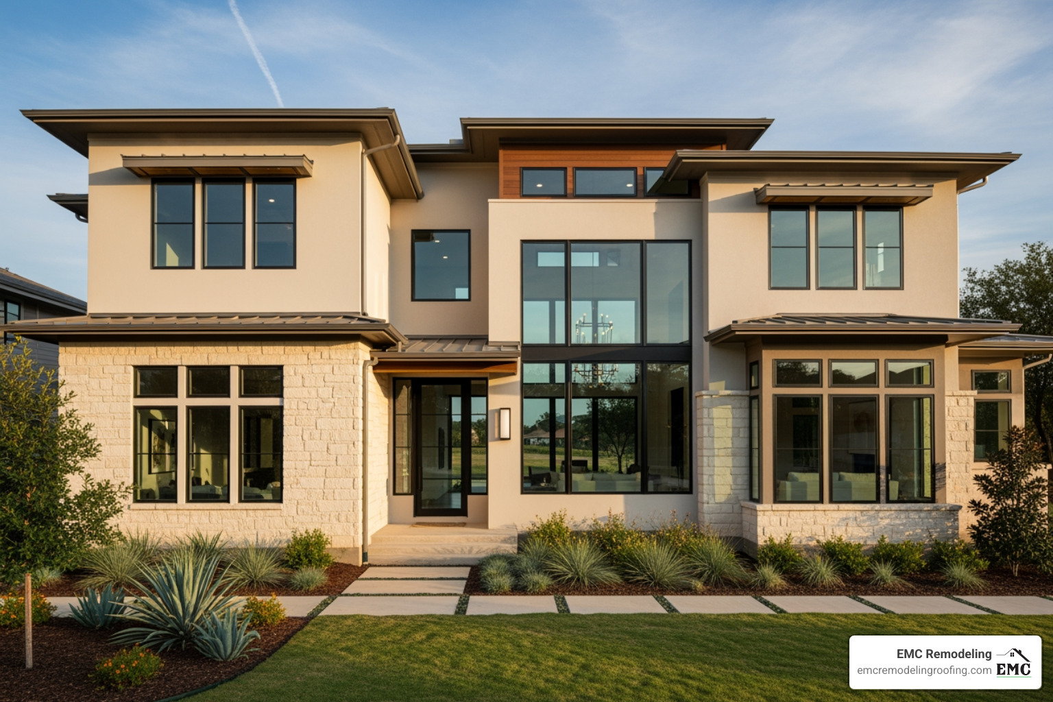 Various window styles, including double-hung, casement, and picture windows, are seamlessly integrated into the exterior of a modern Texas home, showcasing architectural harmony - replacement windows pflugerville Various window styles, including double-hung, casement, and picture windows, are seamlessly integrated into the exterior of a modern Texas home, showcasing architectural harmony - replacement windows pflugerville